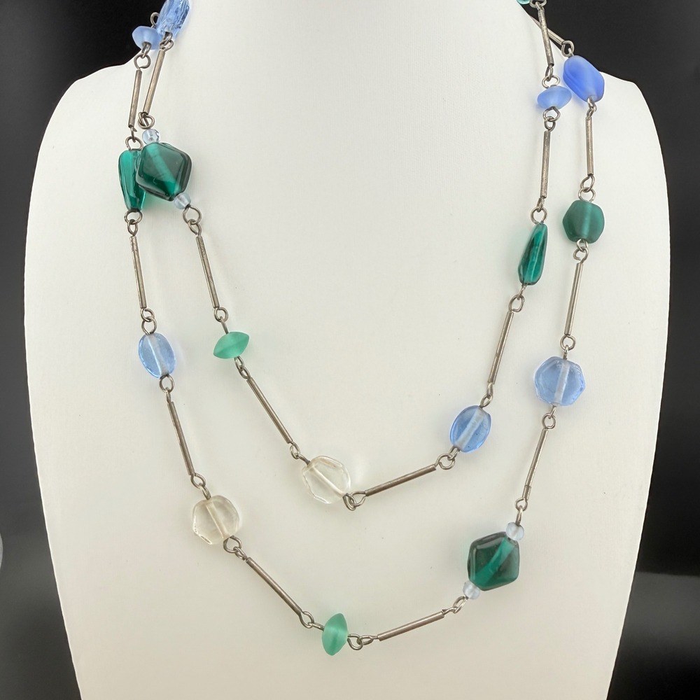 Vintage Glass Bead Station Necklace Blue Green Silver Tone Boho